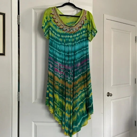 Wine’s Tie-Dye Summer Dress Short Sleeves Embroidered Size OS - Picture 4 of 13